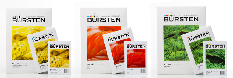 Тип фотобумаги BURSTEN легко идентифицируется по цветам изображений на упаковке