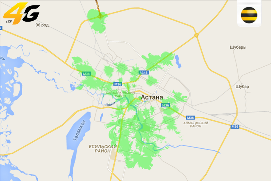Карта покрытия 4G от Beeline по Астане