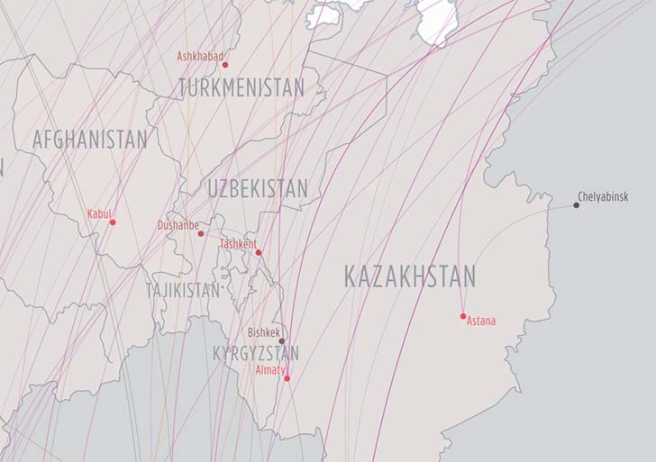 Международные интернет-маршруты, проходящие через Казахстан (Мировая интернет-карта, TeleGeography)